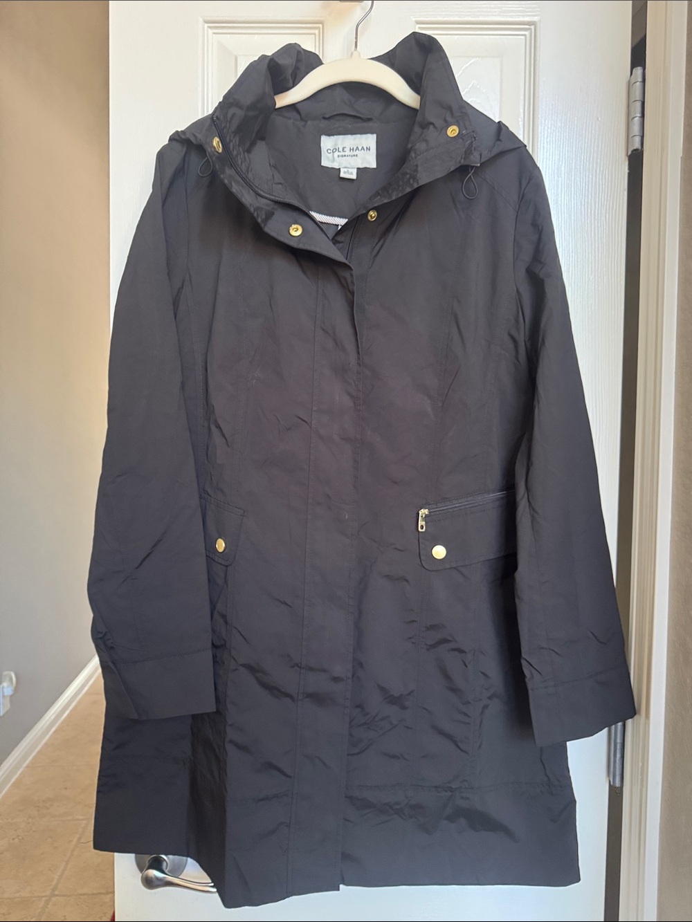 Cole Haan Black Hooded Trench Coat with Gold-Tone Accents